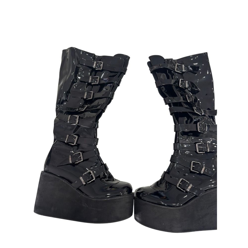 Demonia Trinity-102 Black Patent Multi Strap Platform‎ Wedge Boots Womens 41